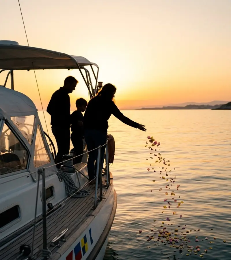 Família escampant pètals i cendres al mar des de la coberta del veler a la posta de sol